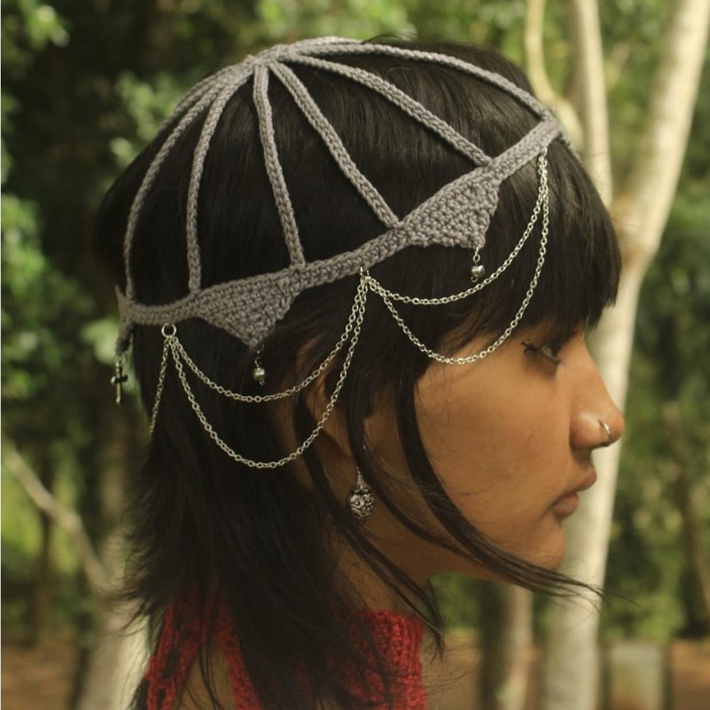 Handmade Crochet Medieval Headpiece with Silver Chains